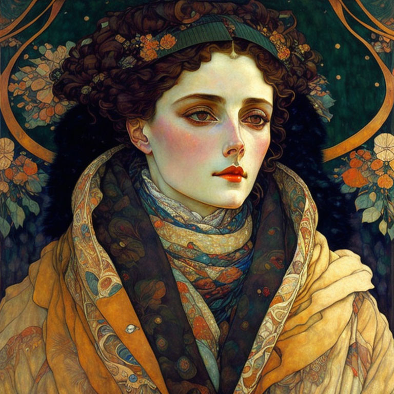 Detailed portrait of a woman with flowing hair and ornate scarf in Art Nouveau style.