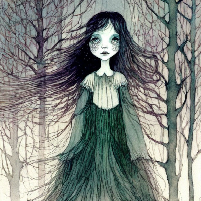 Illustration of girl with expressive eyes in shadowy forest.