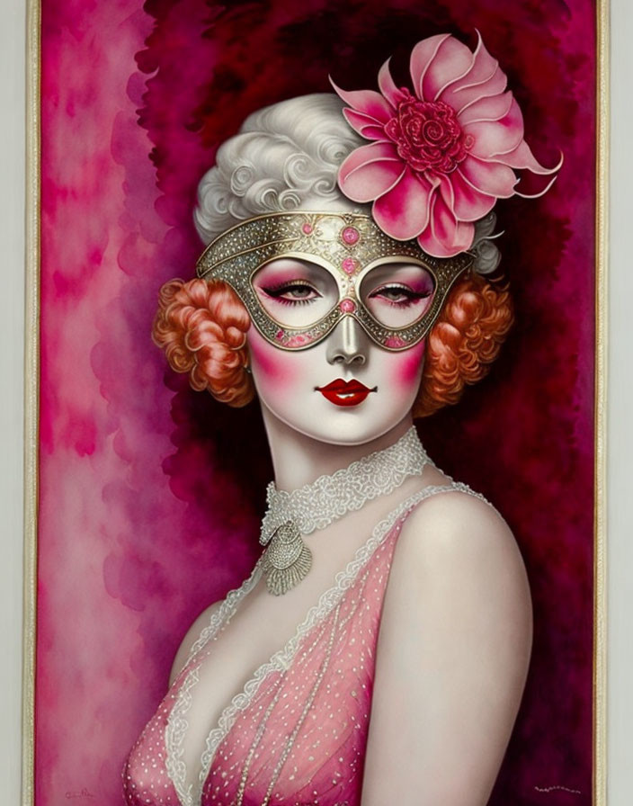 Stylized portrait of woman with masquerade mask, pink flower, and pearls on pink background