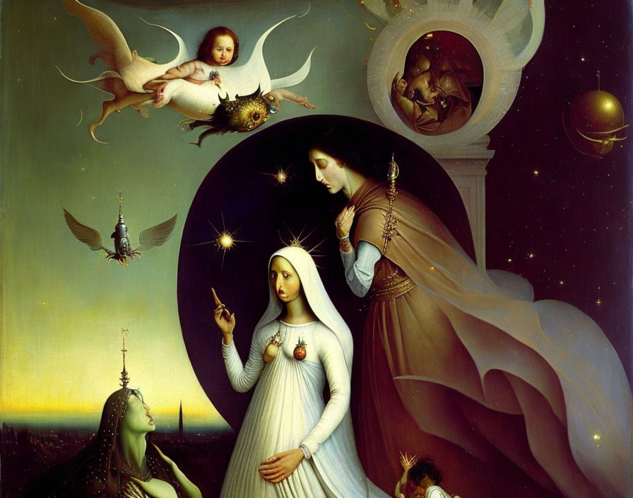 Surreal painting: celestial, terrestrial elements, saintly figure, angelic child, fantastical