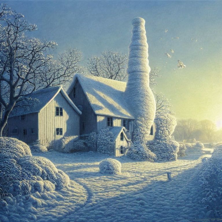 Snow-covered cottage and chimney in serene winter scene with sunlight, birds, and bare trees