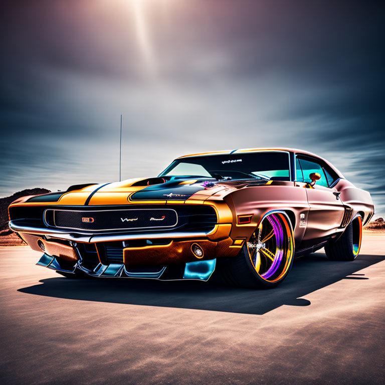 Vibrant Muscle Car with Colorful Rims on Tarmac Under Dramatic Sky