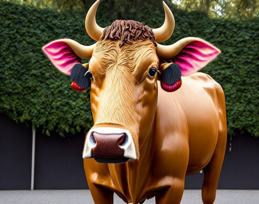 Stylized brown cow sculpture with pink ears and earrings in front of hedge