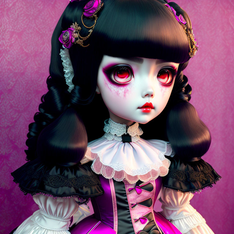 Gothic Lolita Doll Character with Red Eyes in Digital Art