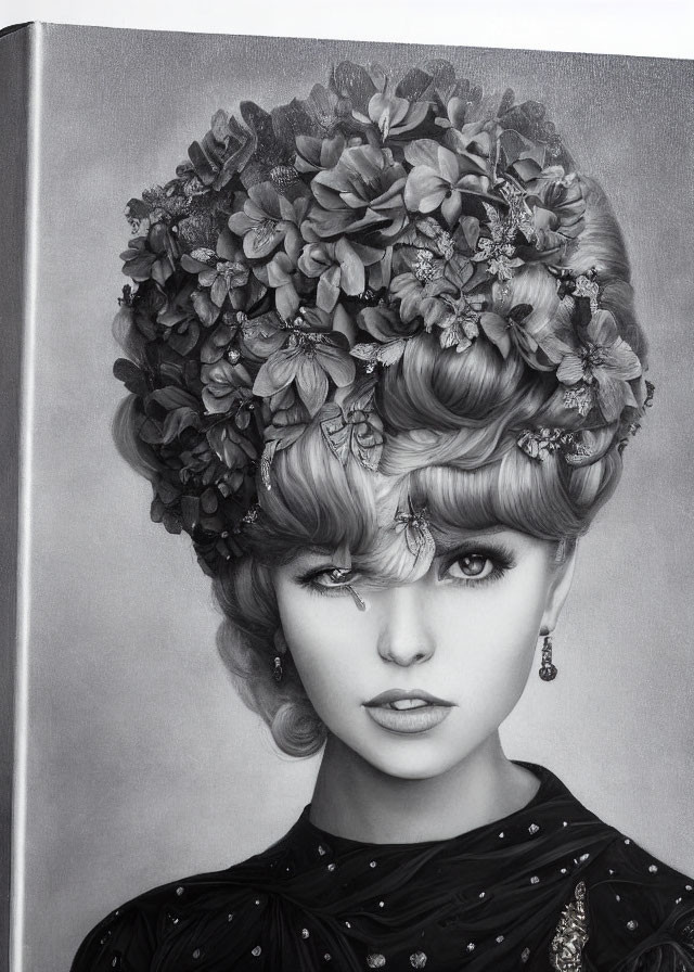 Monochrome portrait of woman with floral headpiece, bangs, and vintage vibe