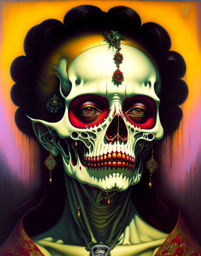 Skeleton with Red Eye Sockets and Jewelry on Fiery Halo Background