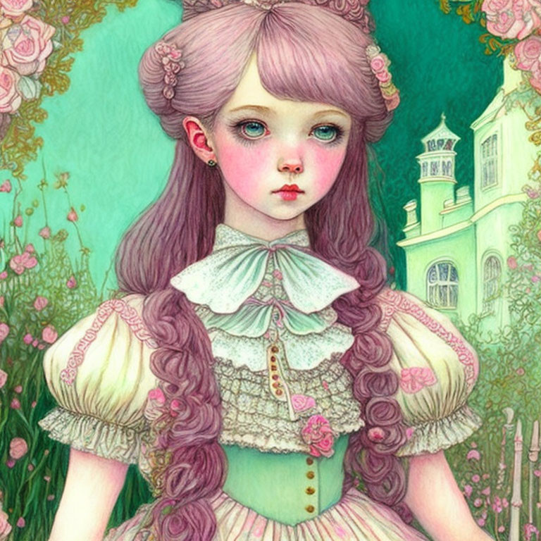 Whimsical illustration of girl in Victorian-style clothing