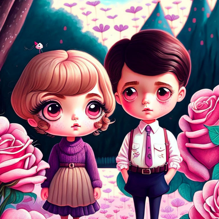 Stylized animated children in fantasy landscape with oversized roses and heart-shaped trees