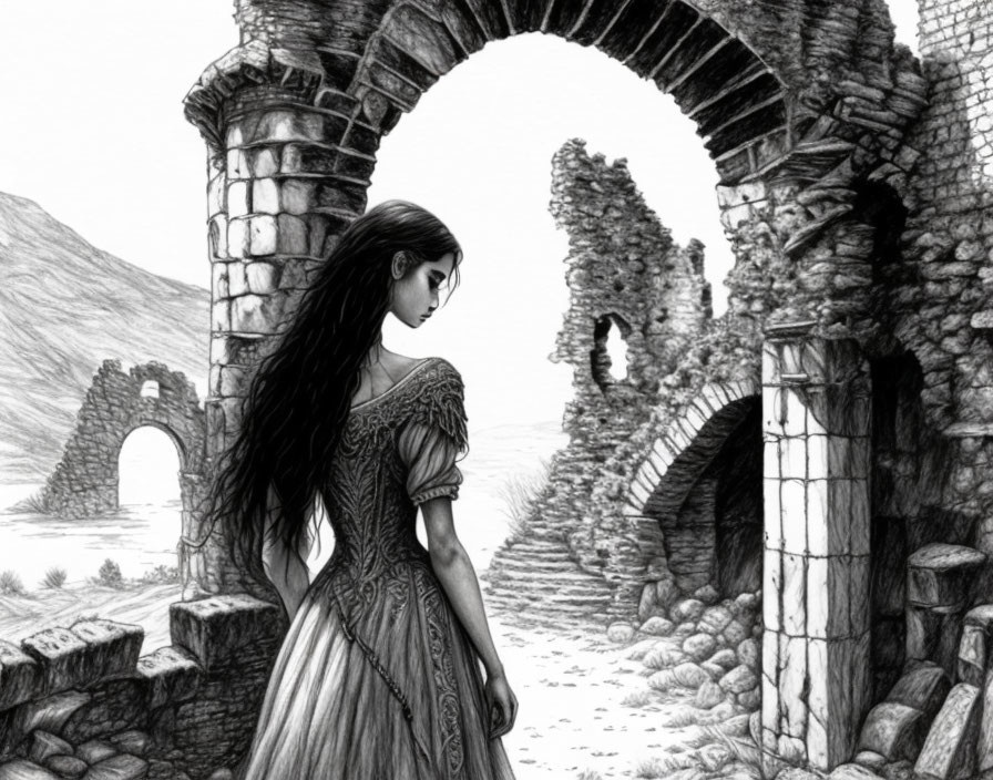 Woman in vintage dress at ancient stone archway in desolate landscape