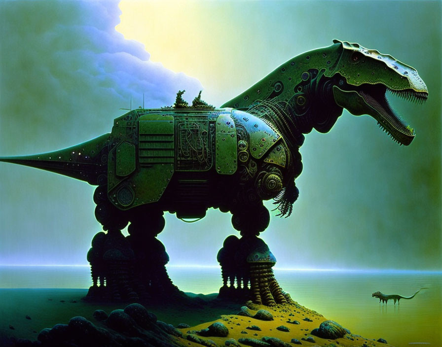 Mechanical dinosaur-like creature in surreal landscape with intricate designs