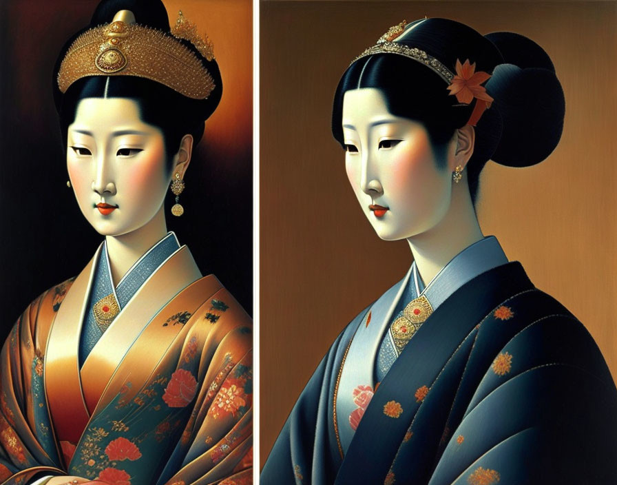 Traditional Japanese attire portraits of women with intricate hair ornaments and makeup on a dark background.