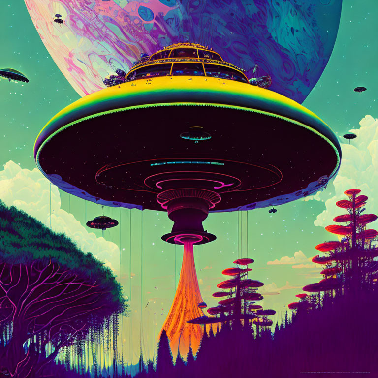 Colorful retro-futuristic UFO illustration in forest with aliens