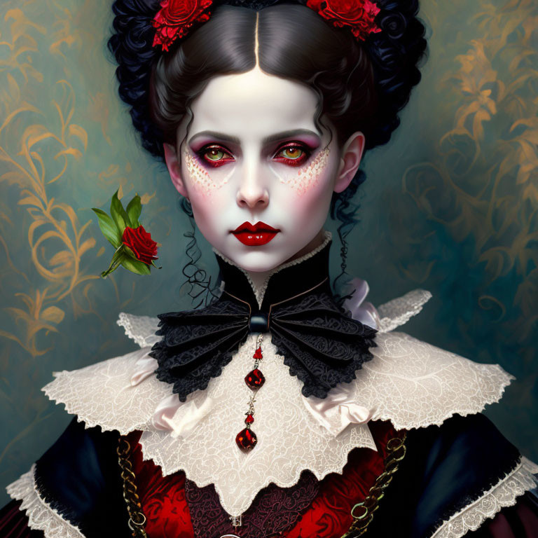 Victorian-themed artwork of pale woman with dark hair holding red rose