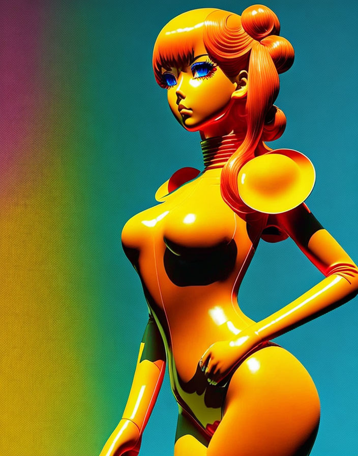 Colorful Stylized Female Humanoid Figure in Futuristic Attire on Dual-tone Background