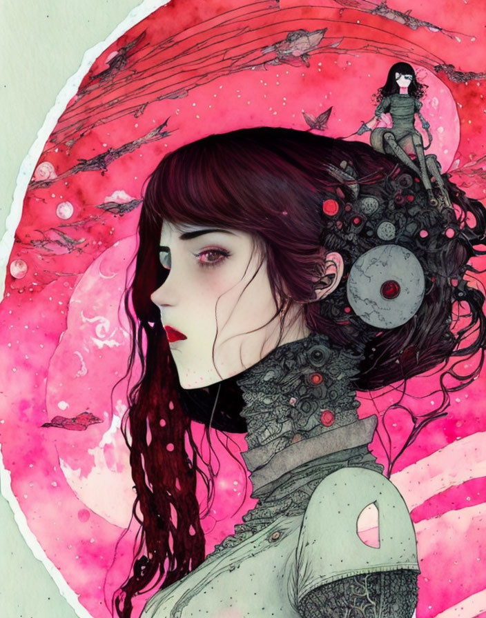 Dark-haired woman with mechanical neck piece and small figure against pink moon.