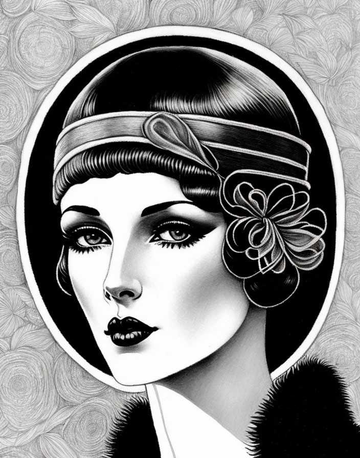 1920s woman illustration with cloche hat and floral accent