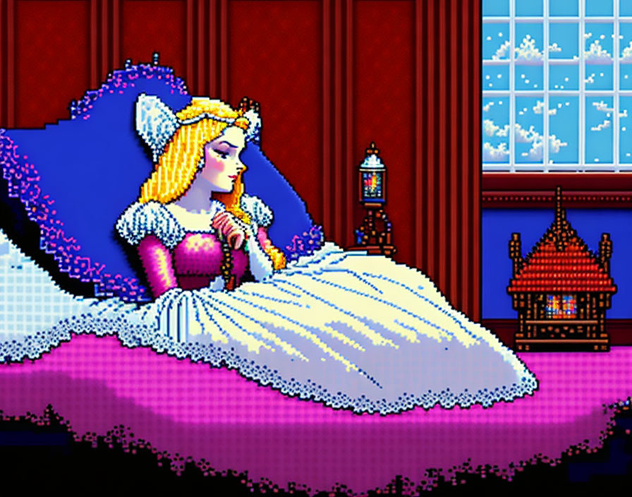 Pixel Art: Blonde Princess on Bed with Night Sky & Lantern