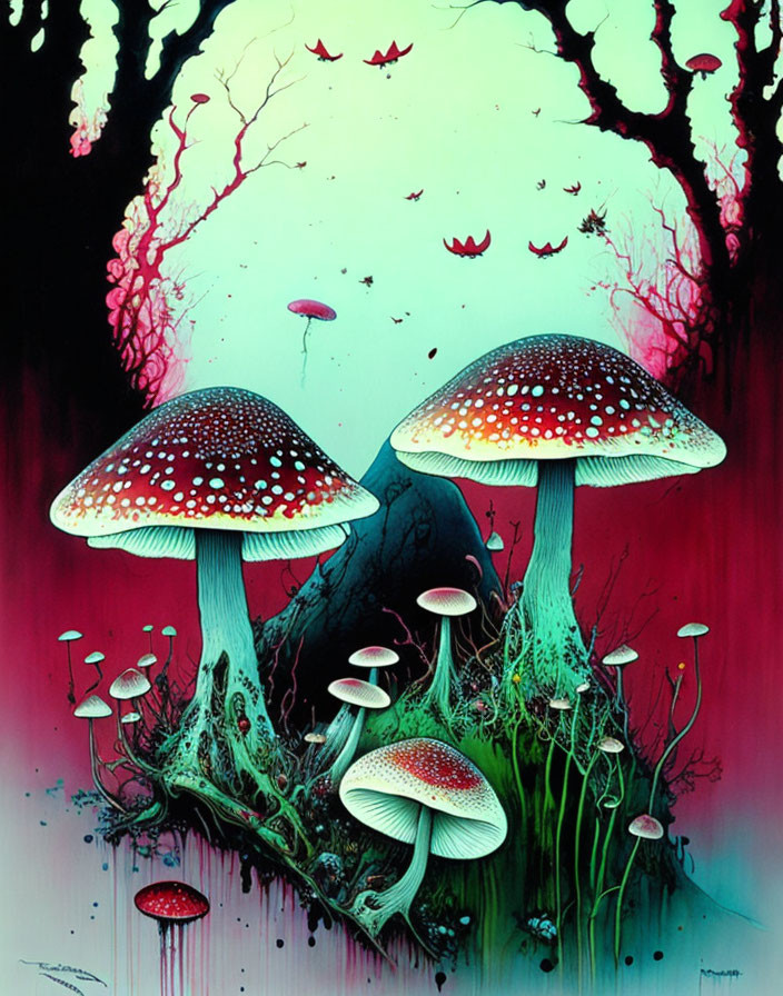 Colorful Psychedelic Mushroom and Tree Illustration