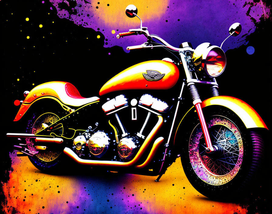 Colorful Classic Motorcycle Artwork on Psychedelic Starry Background