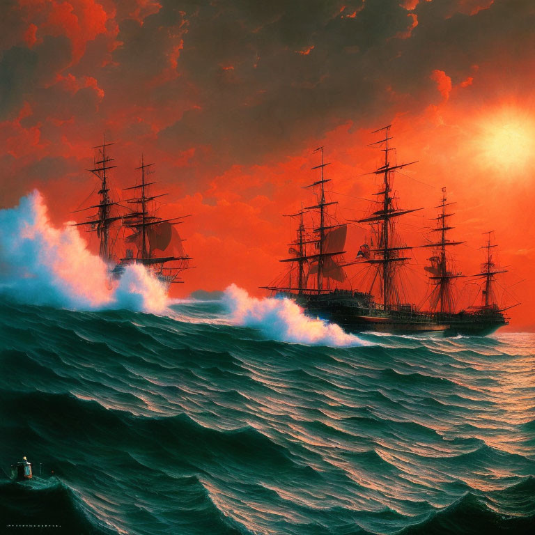 Tall ships sailing on tumultuous seas under a dramatic red sky