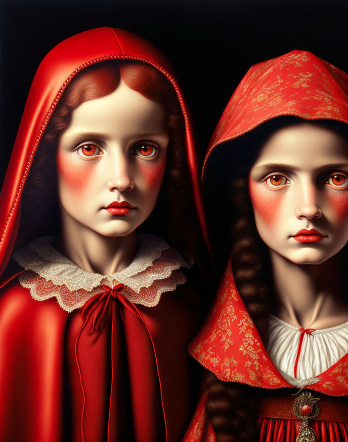 Two individuals in red cloaks with striking red cheeks and intense gaze.