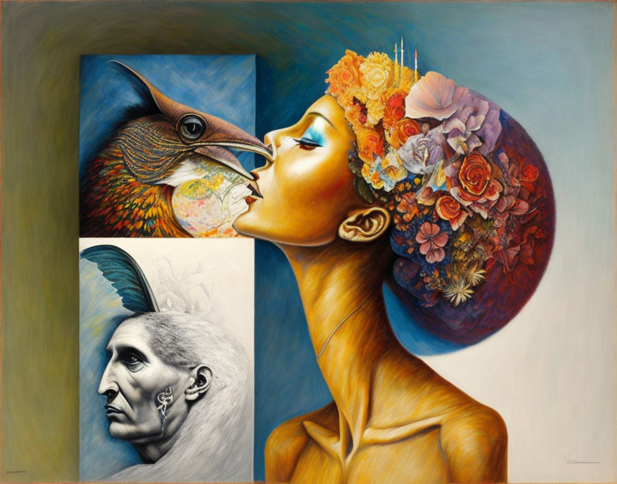 Surreal painting: Woman with floral headdress, bird whispering, man's portrait with feather