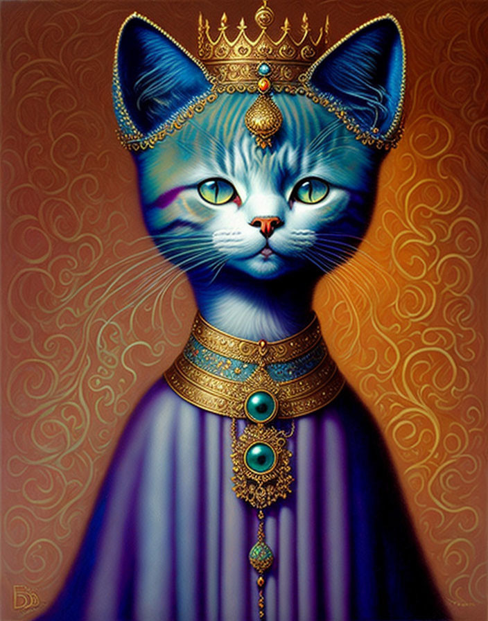 Regal Blue Cat with Golden Crown and Jewelry on Warm Textured Background