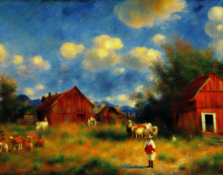 Rural landscape with red barns, child herding sheep, and swirling clouds