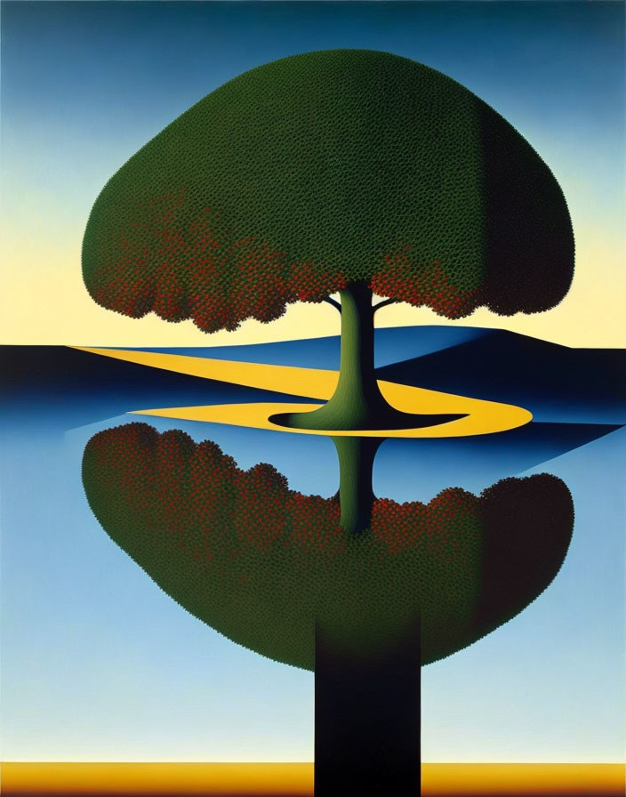 Surreal painting: tree with dense canopy reflecting eye-shaped landscape