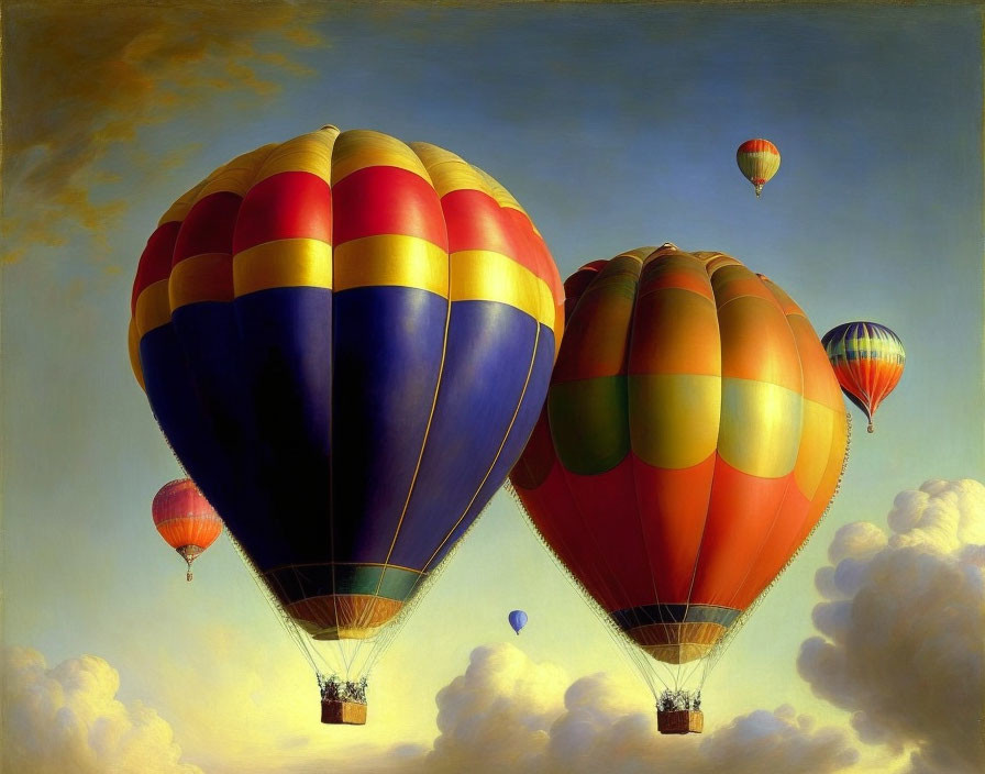 Vibrant hot air balloons in blue sky with clouds