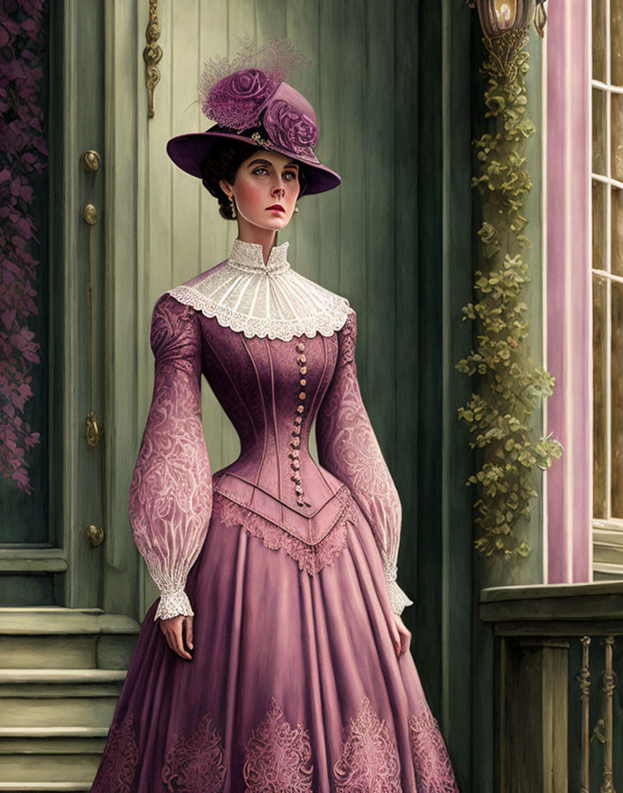 Victorian-era woman in detailed purple dress by green door