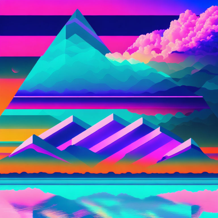 Neon-colored digital artwork of stylized mountains under candy-colored sky