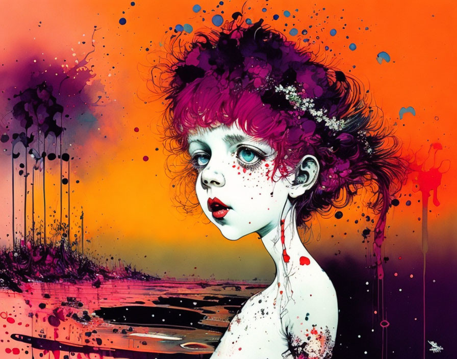 Colorful painting of a girl with big eyes and curly hair on splattered background