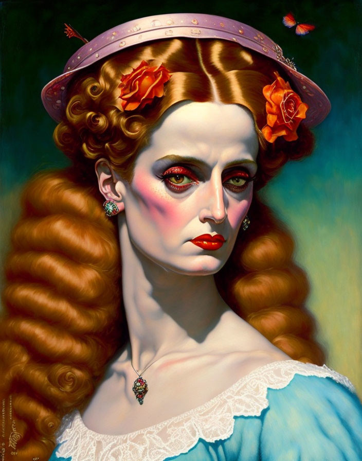 Victorian-style portrait of a woman with vibrant makeup and intricate hairstyle