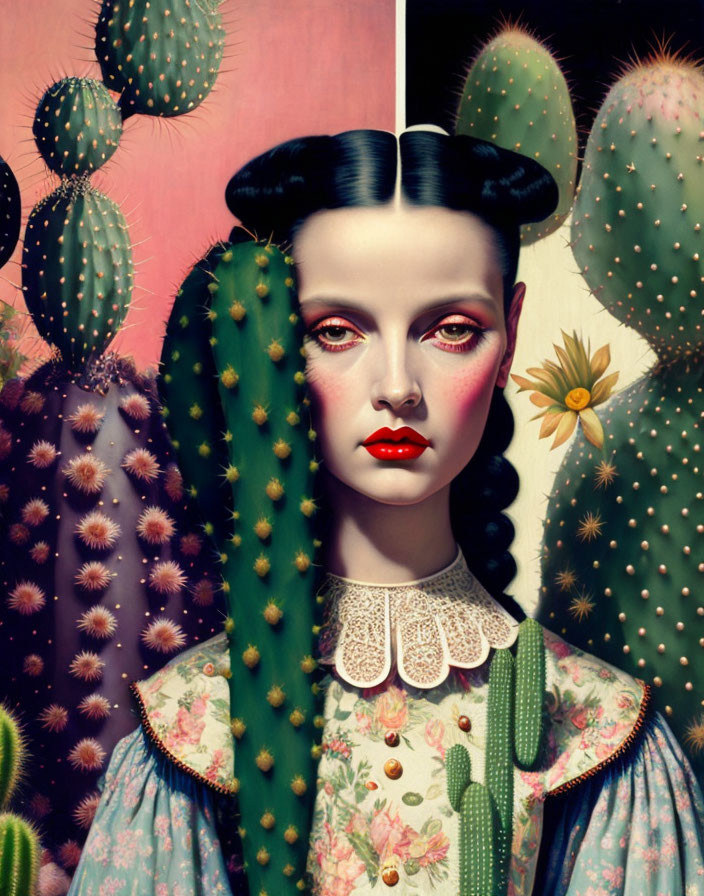 Surreal portrait of woman with stylized makeup and hair, surrounded by cacti on pink