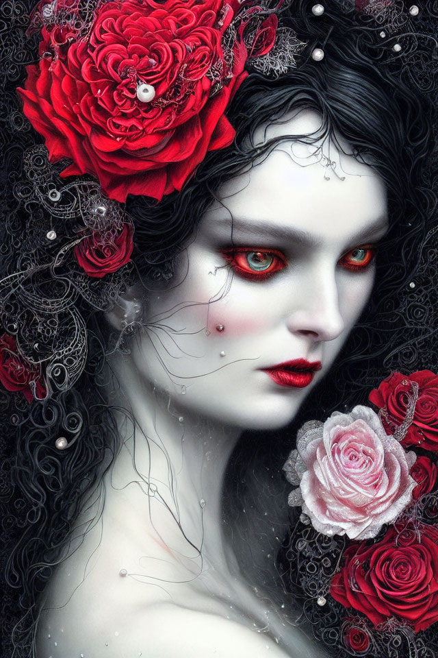 Gothic woman with pale skin, red eyes, dark hair, red roses, lace details