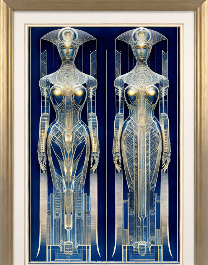 Symmetrical blue and gold robotic figures in framed artwork