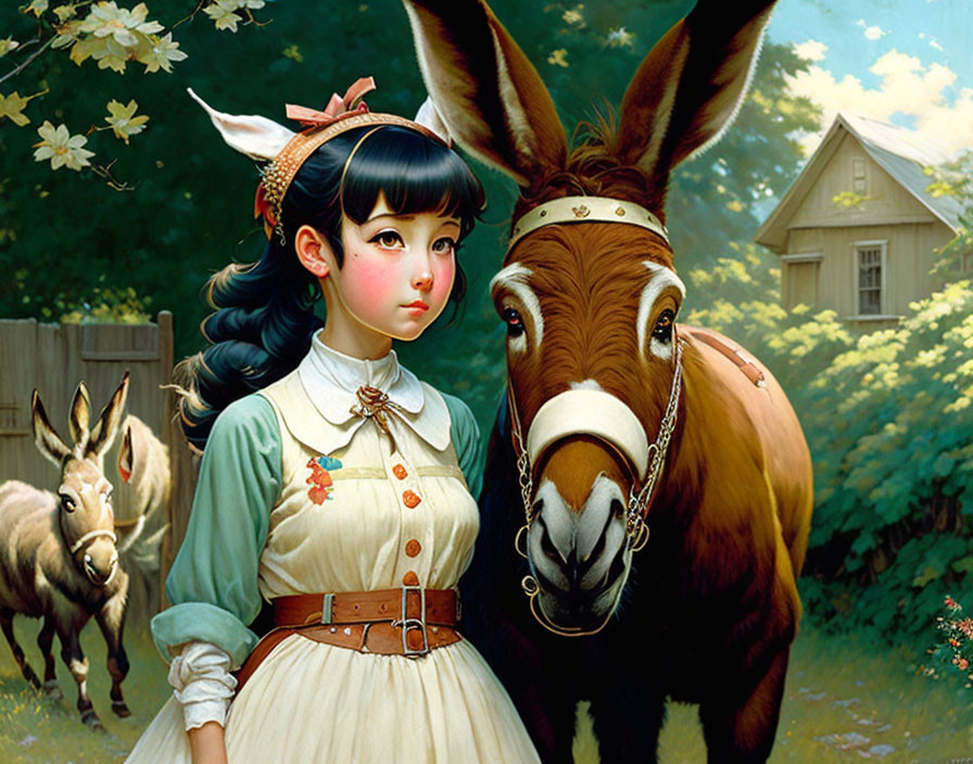 Illustration of girl with large eyes and headscarf next to donkey in forest clearing