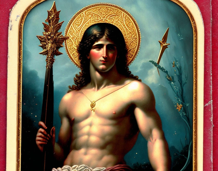 Shirtless warrior with gilded halo and spear in classical painting