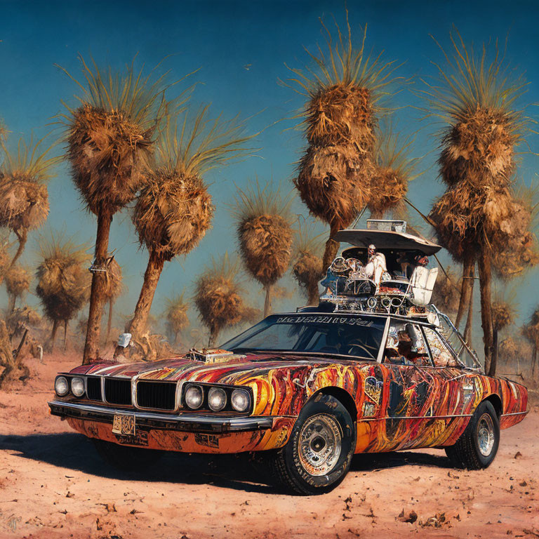 Customized car with flame-like paint in desert setting