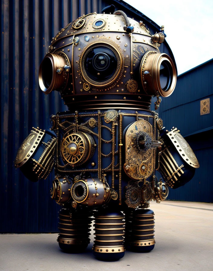 Steampunk-style robot with brass gears, pipes, and riveted panels on metal background