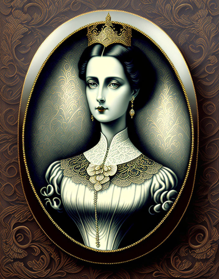 Regal woman portrait with crown in vintage design & intricate patterns