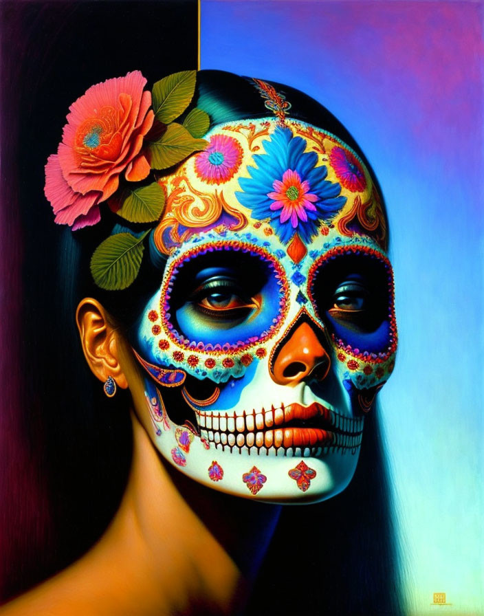 Colorful Day of the Dead-inspired woman with floral skull face paint