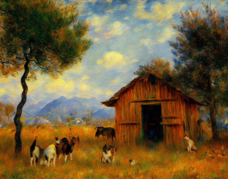 Wooden shack, goats, pine trees, hills in rustic scene