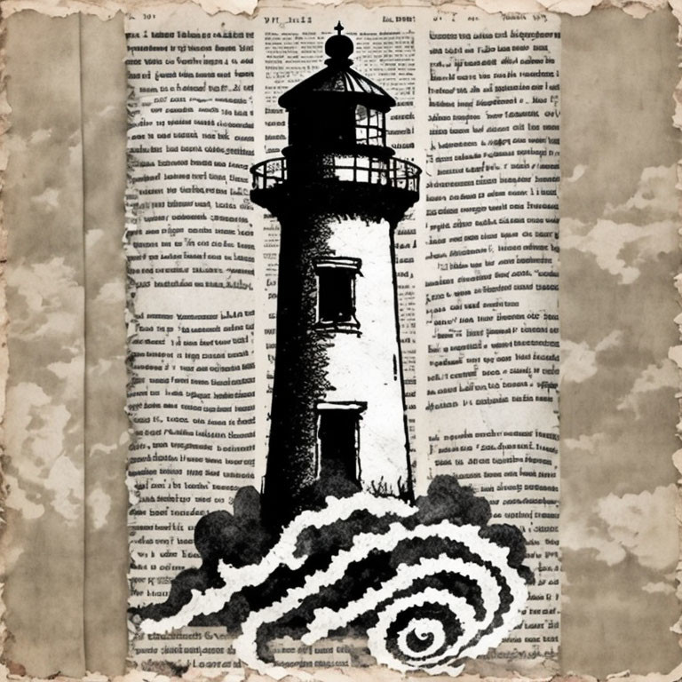 Vintage-style lighthouse illustration on newspaper backdrop with swirling waves - historical and nautical theme