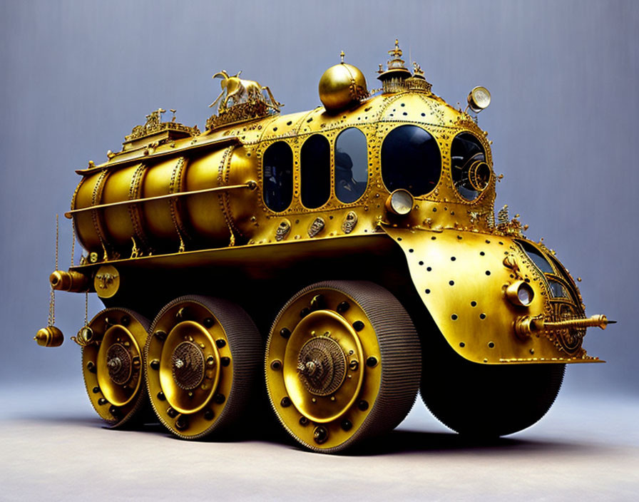 Gold-Colored Steampunk Submarine on Wheels with Intricate Detailing