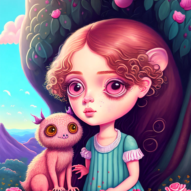 Illustration of girl with large eyes and mythical creature in vibrant fantasy landscape