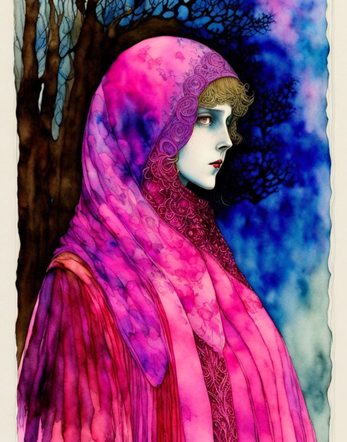 Melancholic woman in pink shawl against blue backdrop with bare tree