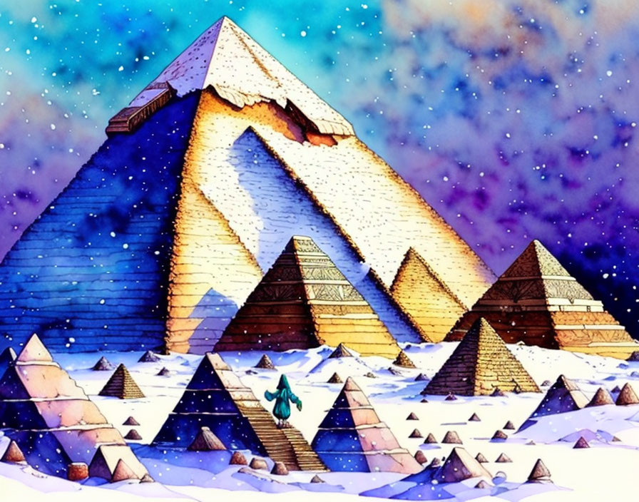 Snowy Scene with Person and Pyramids Under Starry Sky