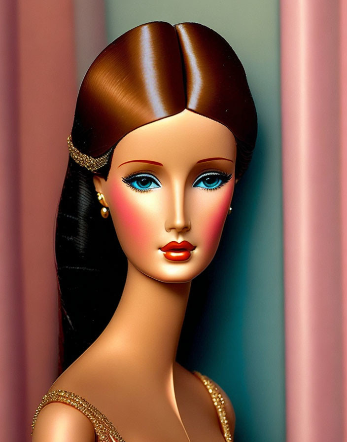 Brunette doll with blue eyes & gold earrings on pink and blue striped backdrop